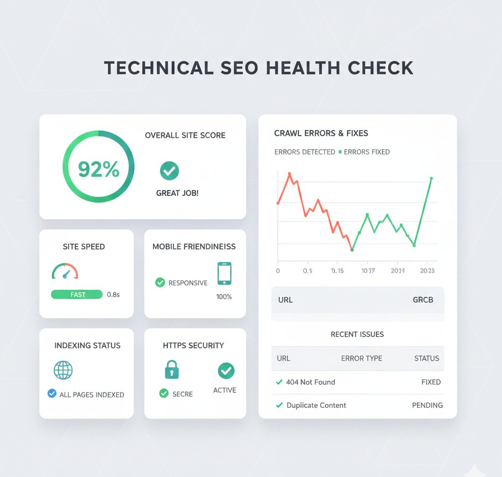 Technical SEO showing site speed, crawlability, indexing, and Core Web Vitals