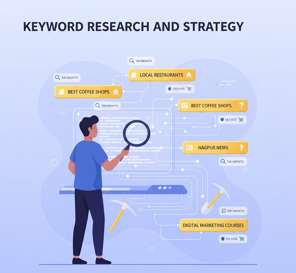 Keyword research and strategy showing search intent, keyword analysis, and SEO planning